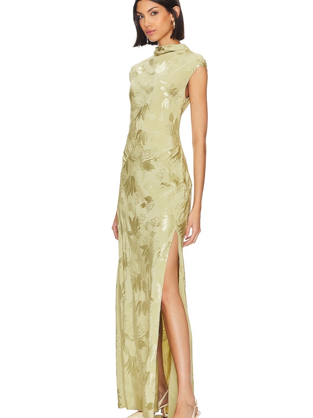 L'Academie Olive Green Satin Floral High-Neck Maxi Dress - Picture 2 of 3